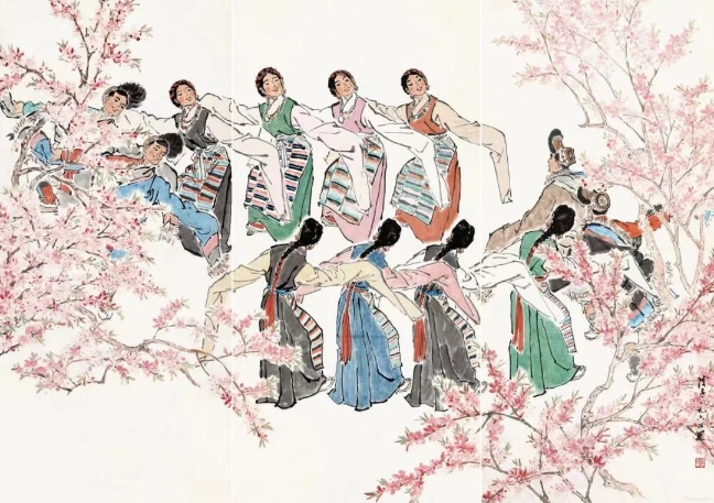葉淺予高原之春紙本設(shè)色211cm×98cm、211cm×105cm、211cm×98cm1964年